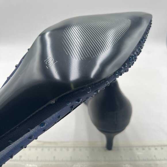 XYD Navy Pointed Toe Slip On Mesh Pumps Rhinestone Studs Kitten Heels Shoes - Picture 6 of 8